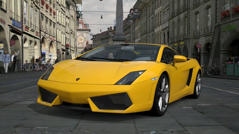 Yellow Lamborghini on city street