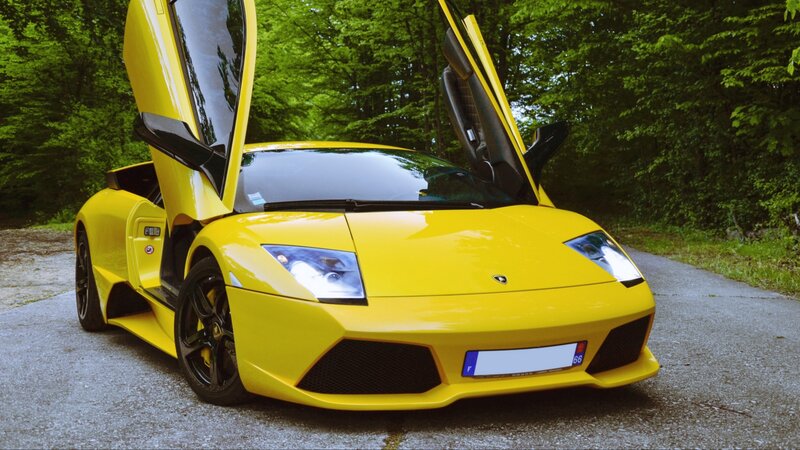 Yellow Lamborghini Sports Car — Dramatic, Afternoon, Photograph, Open Doors, Forest