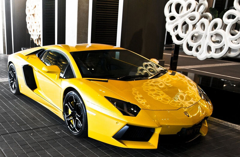 Yellow Lamborghini Sports Car — Dramatic, Photograph, Art Installation
