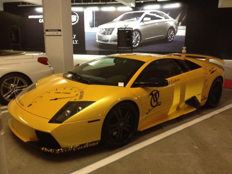 Yellow Lamborghini Sports Car — Dramatic, Photograph, White Sedan