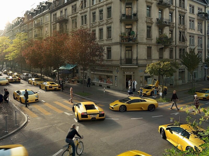 Yellow Lamborghinis in city street