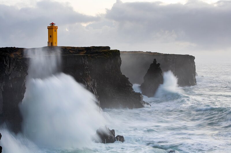 Yellow Lighthouse on Cliff — Dramatic