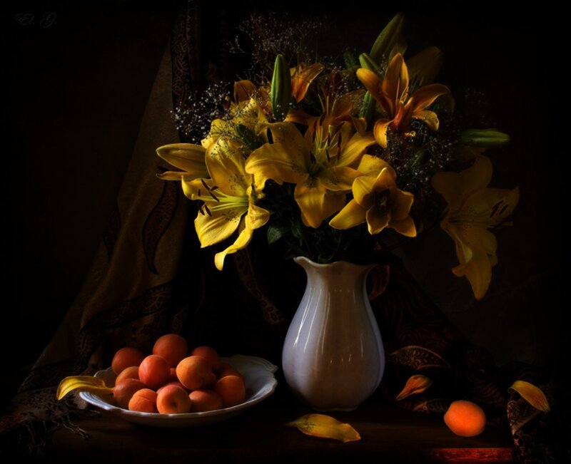 Yellow Lilies and Apricots — Dramatic