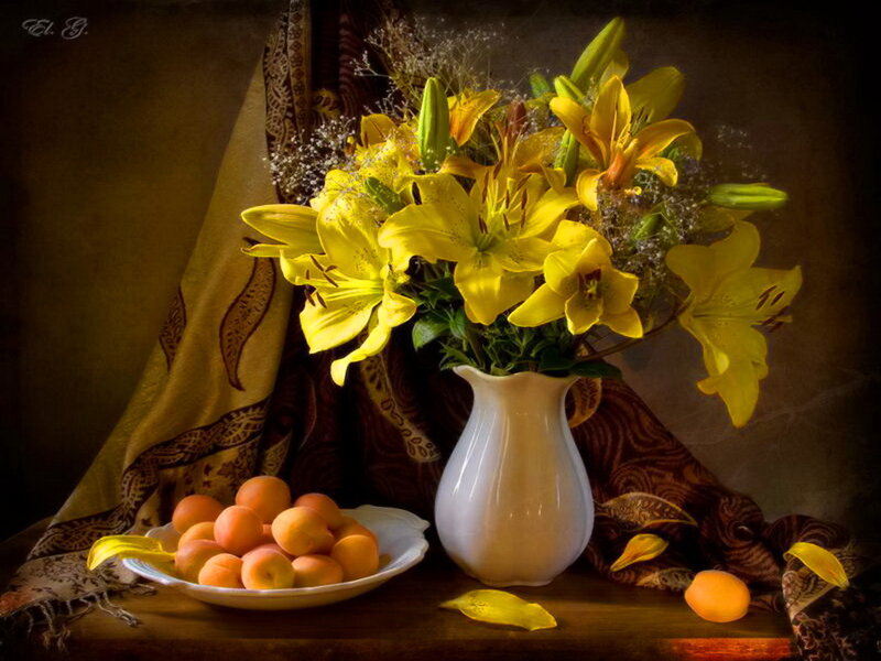 Yellow Lilies and Apricots