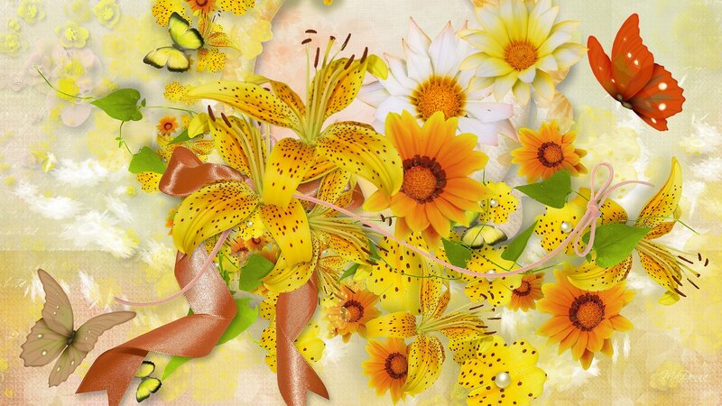 Yellow Lilies and Butterflies