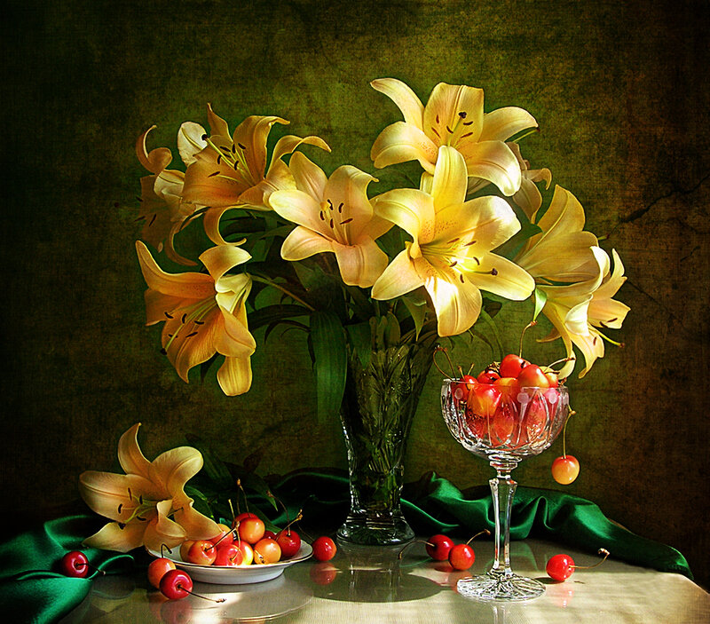 Yellow Lilies and Cherries