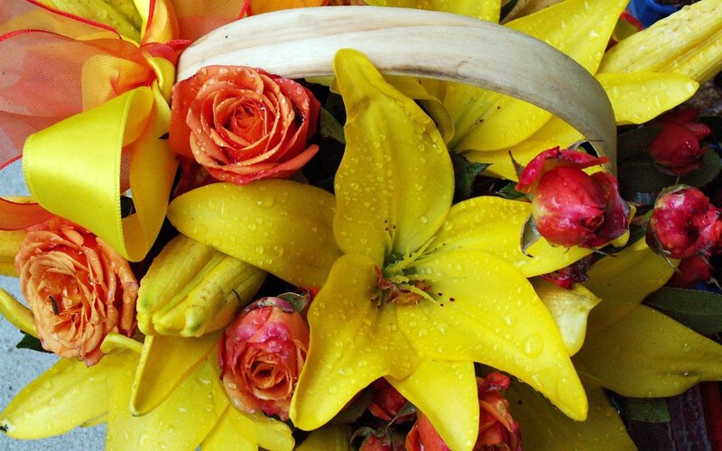 Yellow Lilies and Roses