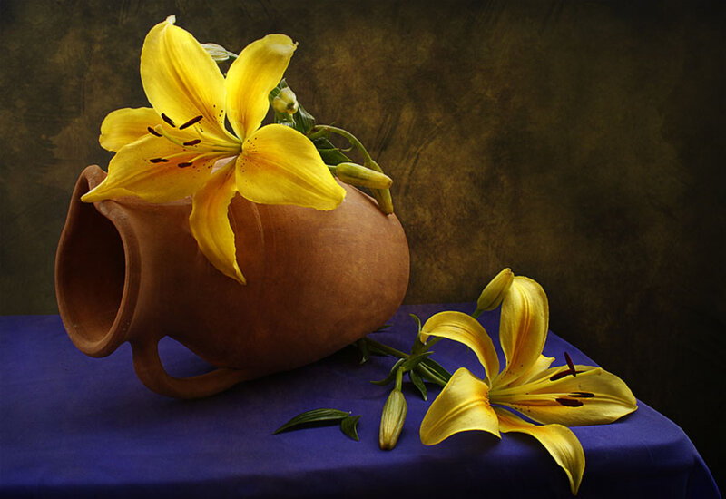 Yellow Lilies in a Vase — Dramatic, Photograph