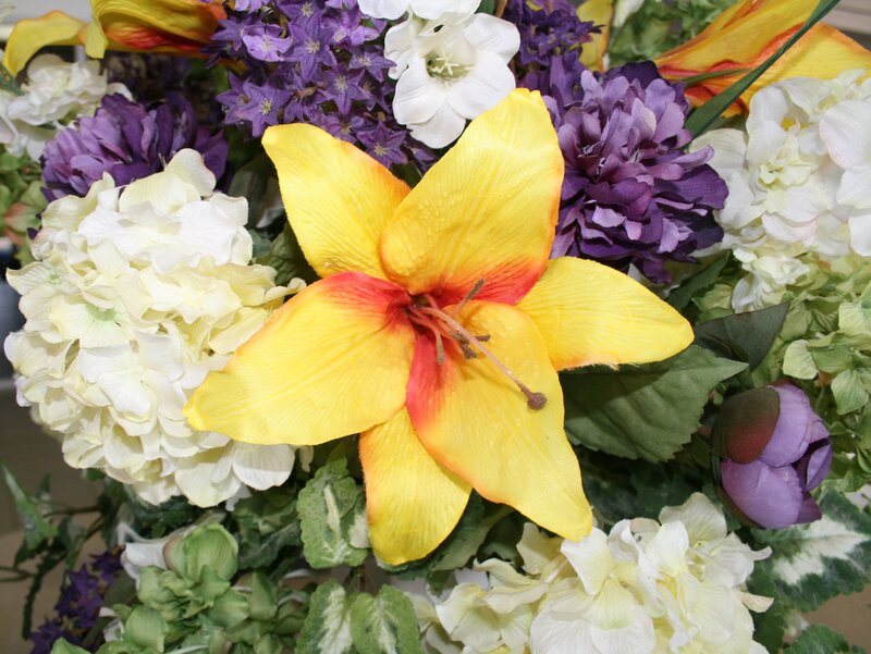 Yellow Lily in Bouquet — Calm, Photograph, White Hydrangeas