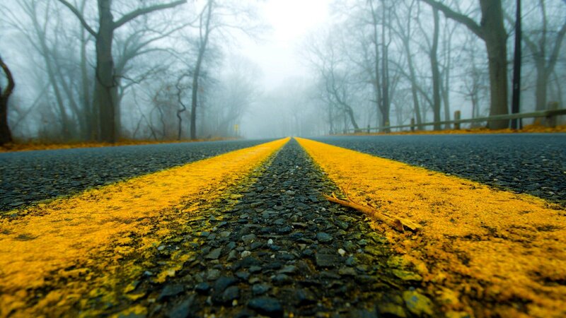 Yellow Lines on Road — Misty