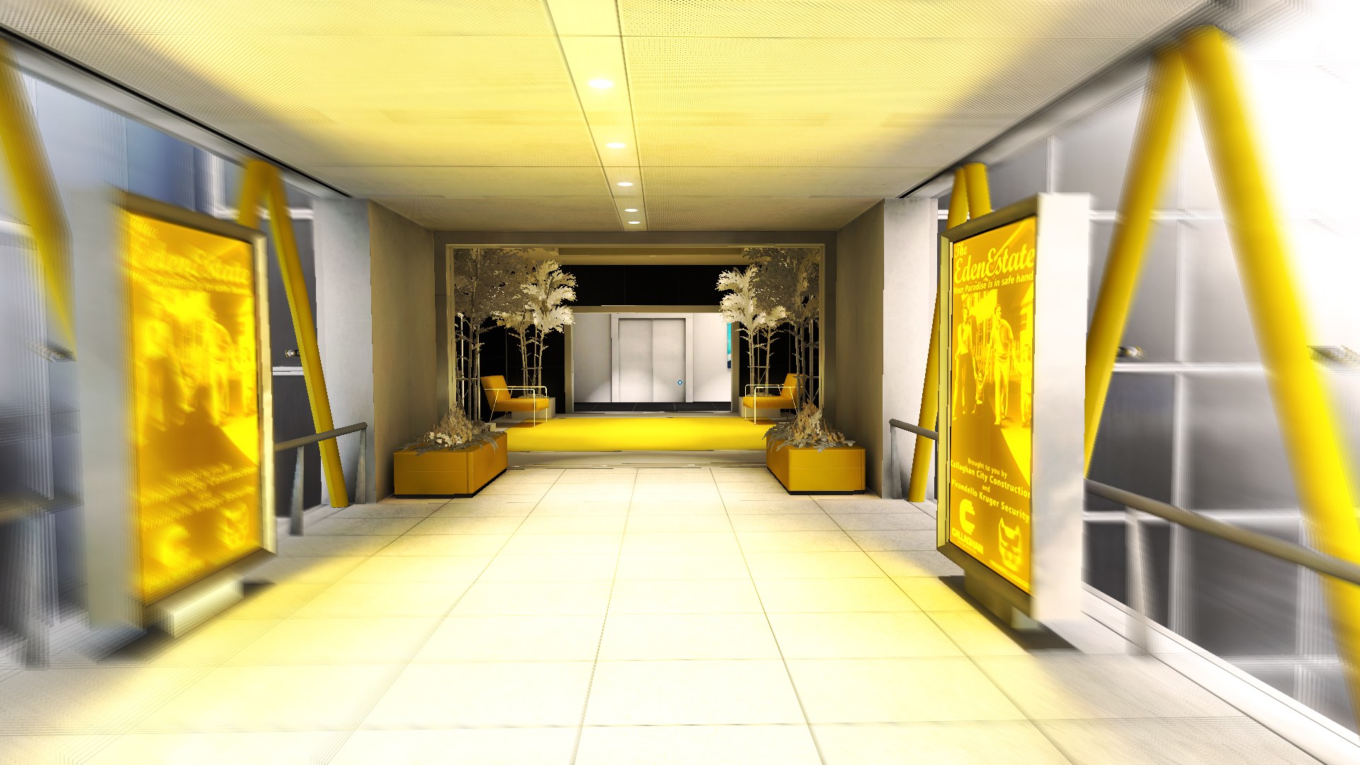yellow-lit building hallway