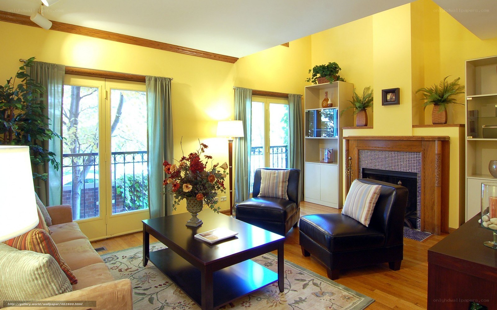 Yellow living room with fireplace