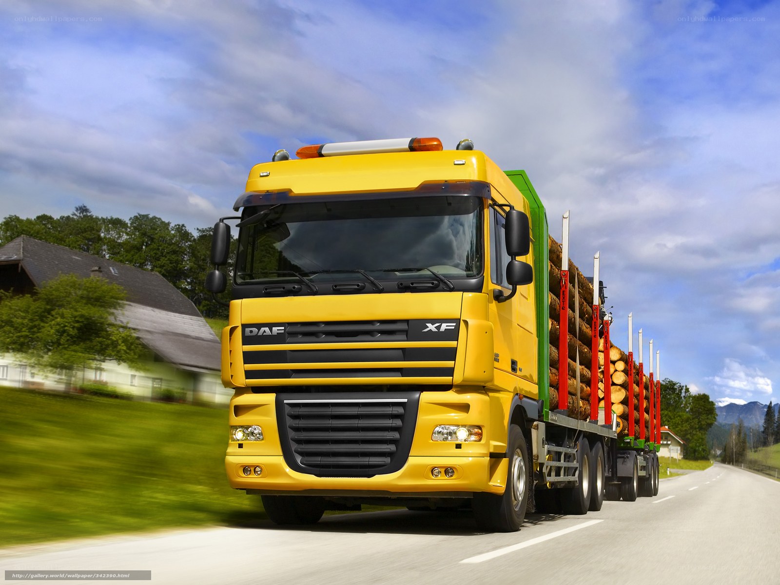 Yellow logging truck on road