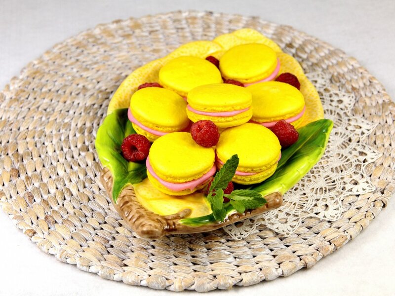 Yellow Macarons with Raspberries