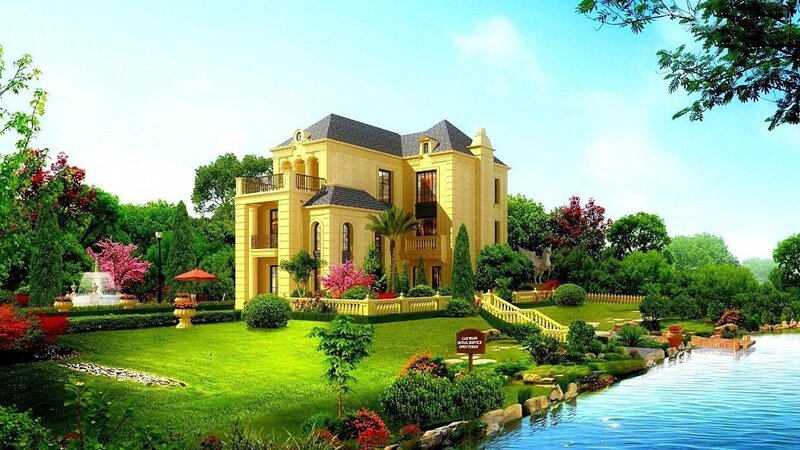 Yellow Mansion with Garden — Green, Serene