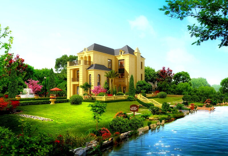 Yellow Mansion with Garden — Green