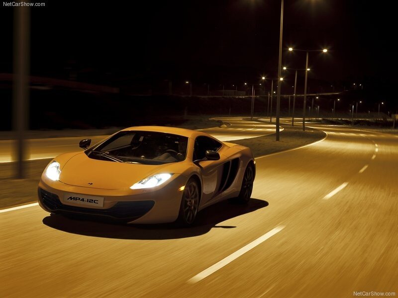 Yellow McLaren MP4-12C at night
