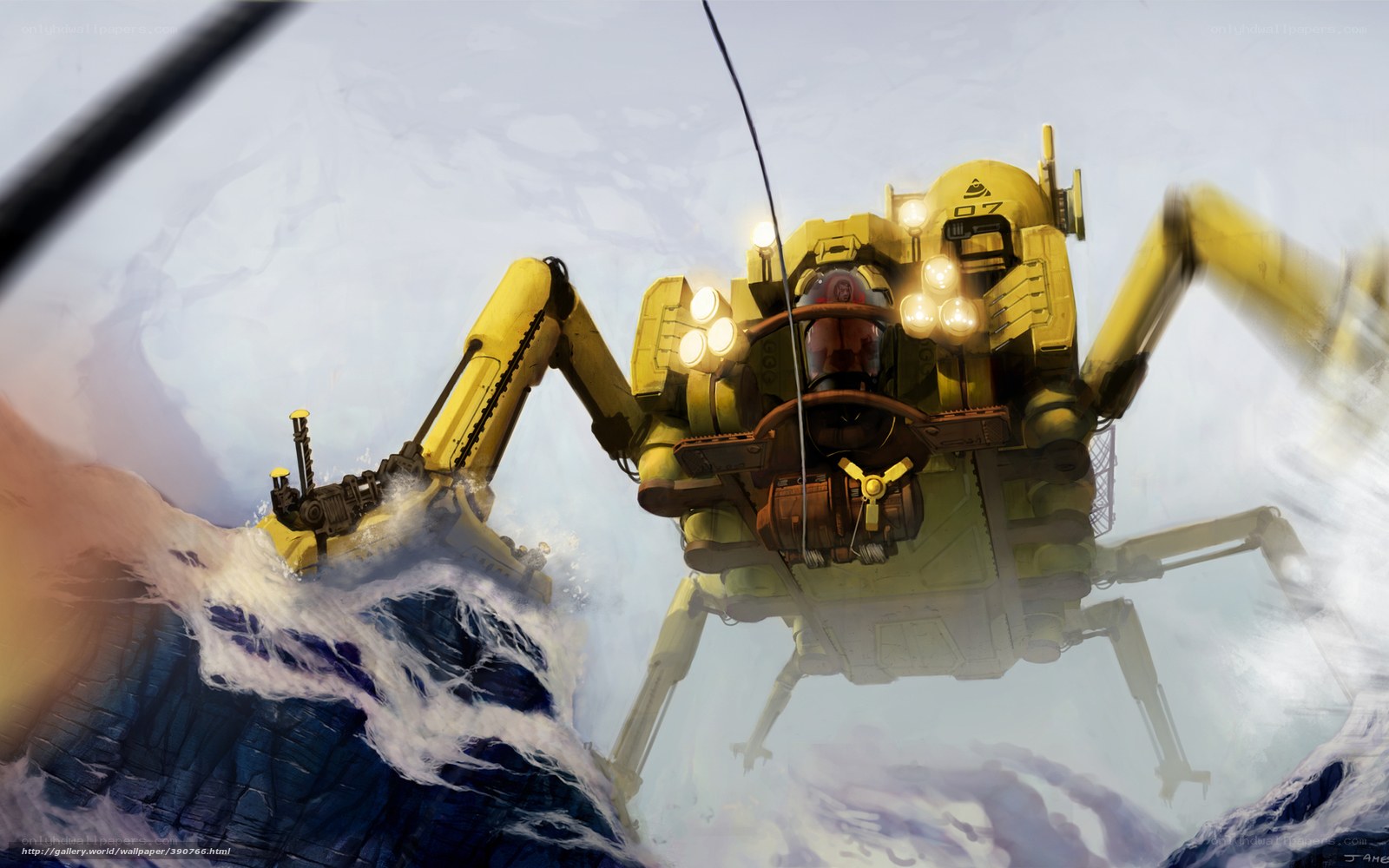 Yellow mech on rocky terrain