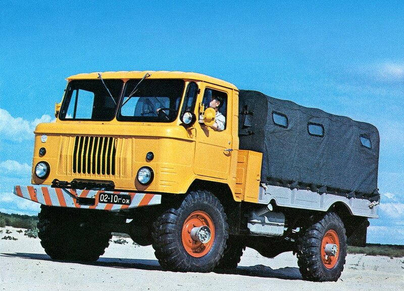 Yellow military truck on sand