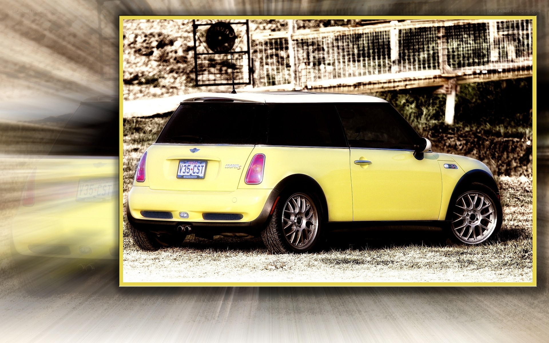 yellow mini cooper parked outside