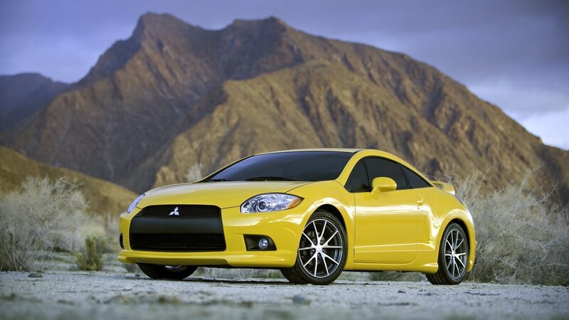Yellow Mitsubishi Eclipse — Dramatic, Sunset, Photograph, Mountain, Desert