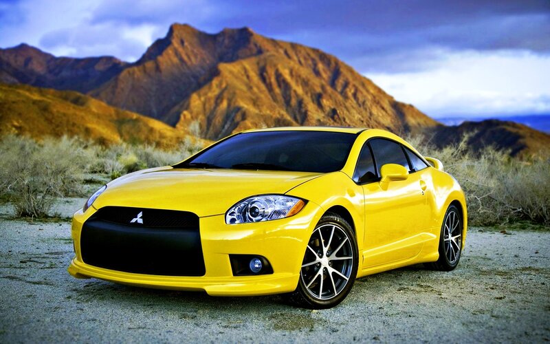 Yellow Mitsubishi Eclipse — Dramatic, Sunset, Photograph, Mountains, Desert