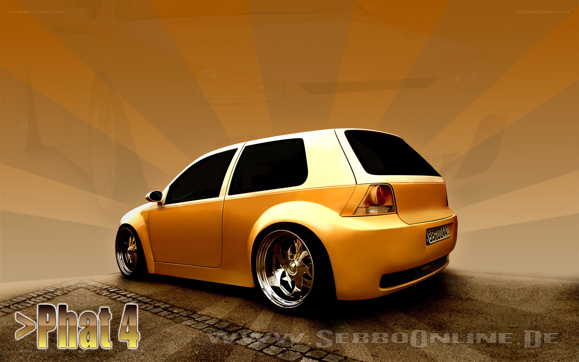yellow modified car on cobblestones