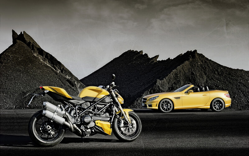 Yellow Motorcycle and Car — Dramatic, Photograph, Mountain