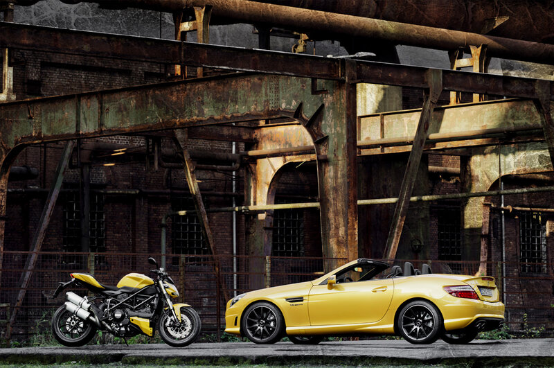 Yellow Motorcycle and Car — Dramatic, Photograph