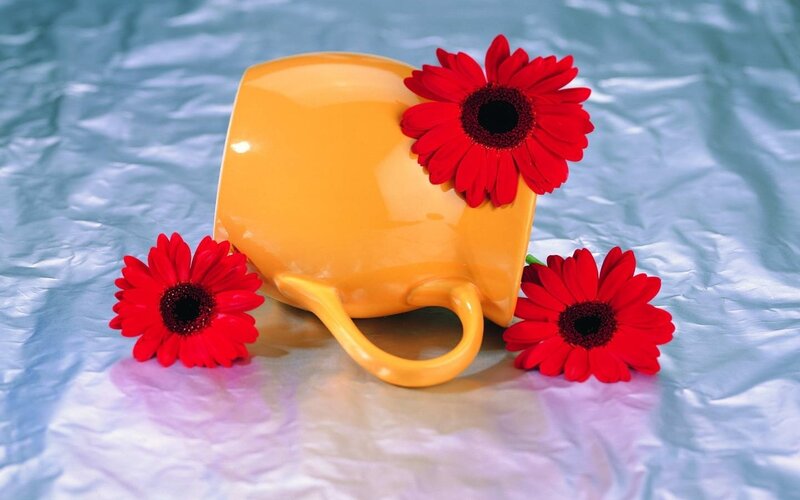 Yellow mug with red flowers