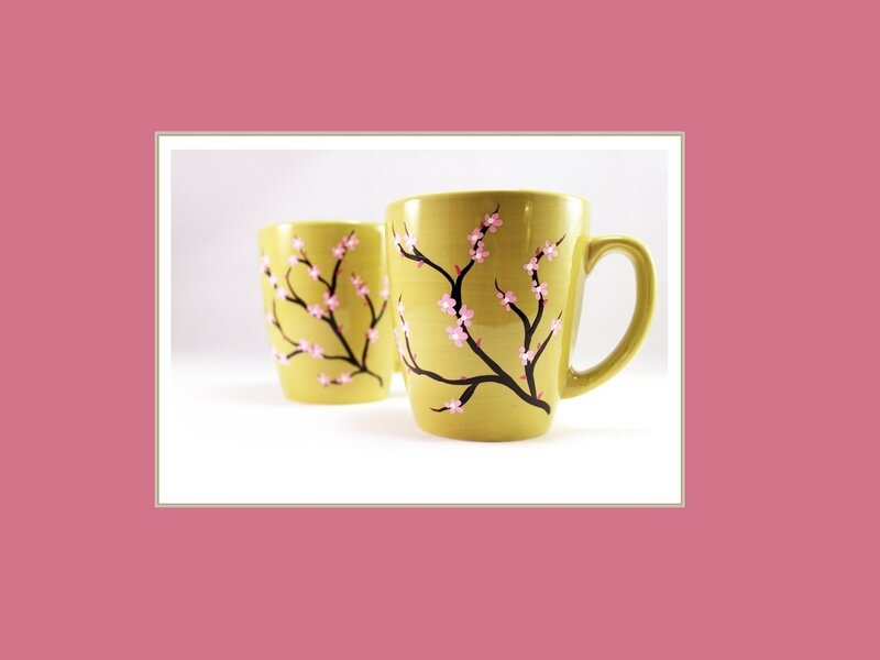 Yellow Mugs with Cherry Blossoms