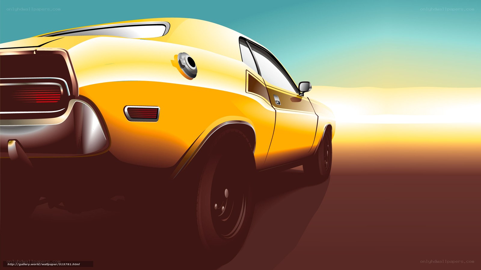 yellow muscle car at sunset