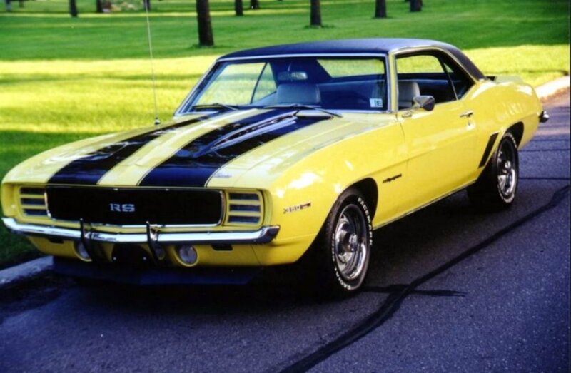 Yellow Muscle Car — Calm, Afternoon, Photograph, Black Stripes
