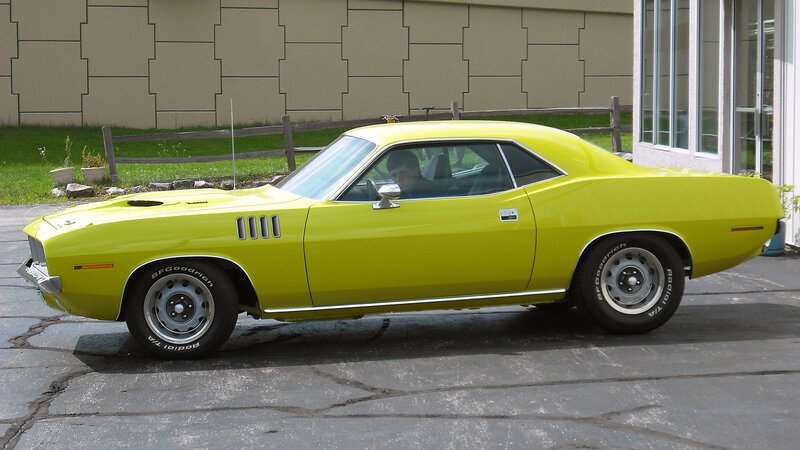 Yellow Muscle Car — Calm, Afternoon, Photograph, Building