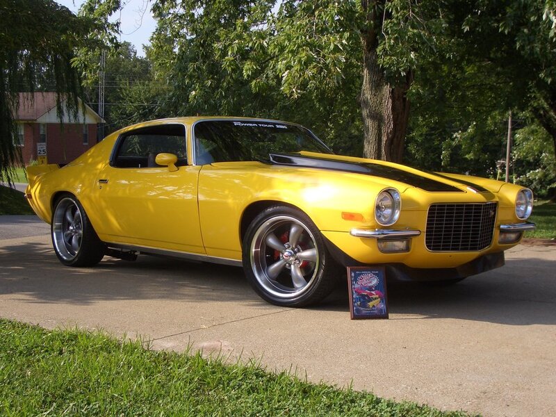 Yellow Muscle Car — Calm, Afternoon, Photograph, Tree, House