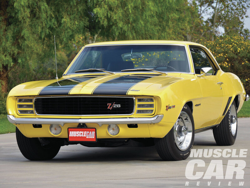 Yellow Muscle Car — Calm, Afternoon, Photograph, Trees, Antenna