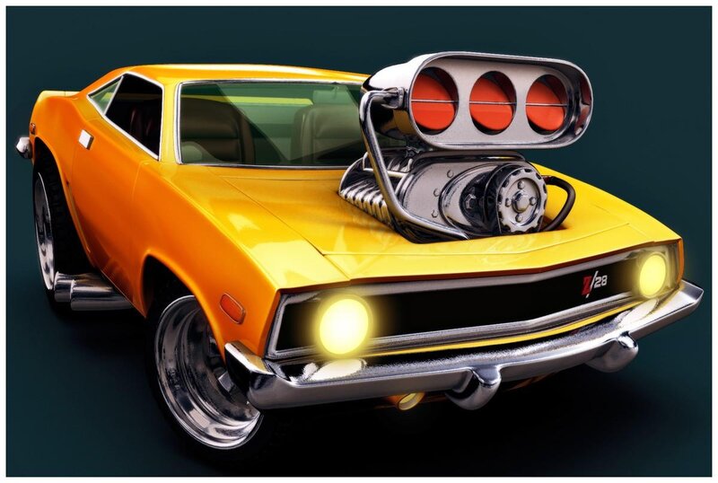 Yellow Muscle Car — Dramatic, 3d Render, Engine