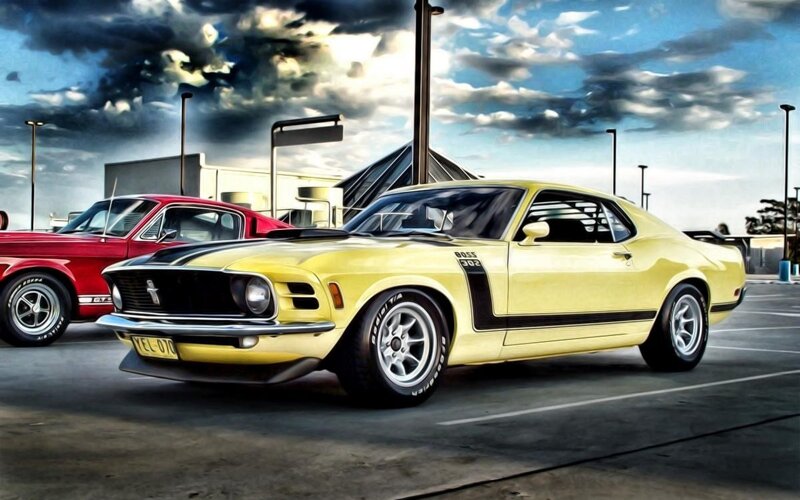 Yellow Muscle Car — Dramatic, Afternoon, Digital Art, Red Car, Parking Lot