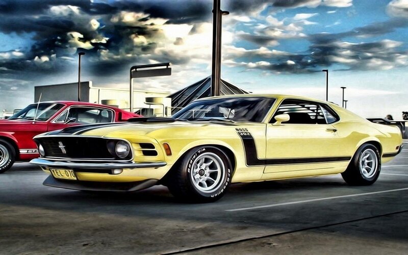 Yellow Muscle Car — Dramatic, Afternoon, Digital Art, Red Car