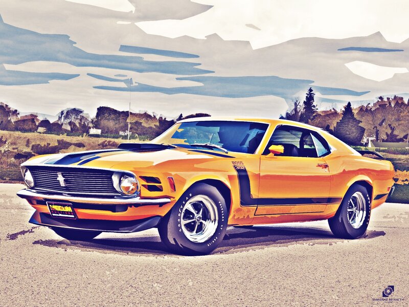 Yellow Muscle Car — Dramatic, Afternoon, Digital Art, Road