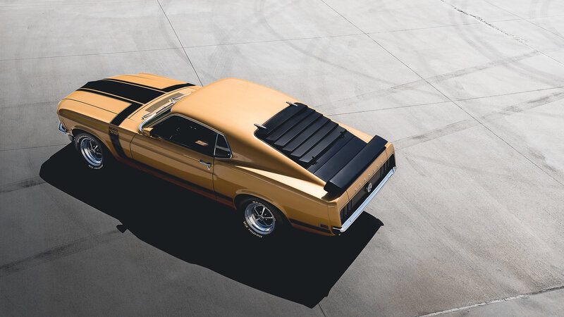 Yellow Muscle Car — Dramatic, Afternoon, Photograph, Black Stripes