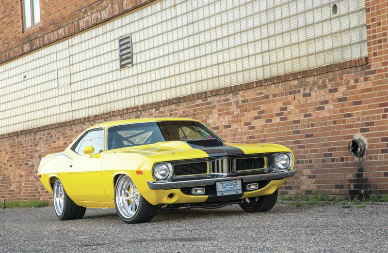 Yellow Muscle Car — Dramatic, Afternoon, Photograph, Brick Wall
