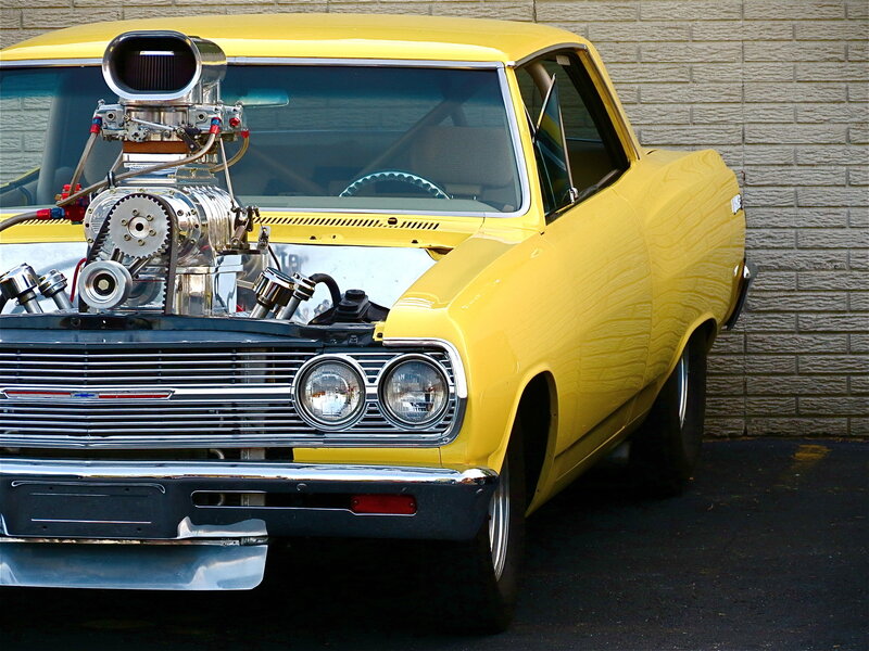 Yellow Muscle Car — Dramatic, Afternoon, Photograph, Engine