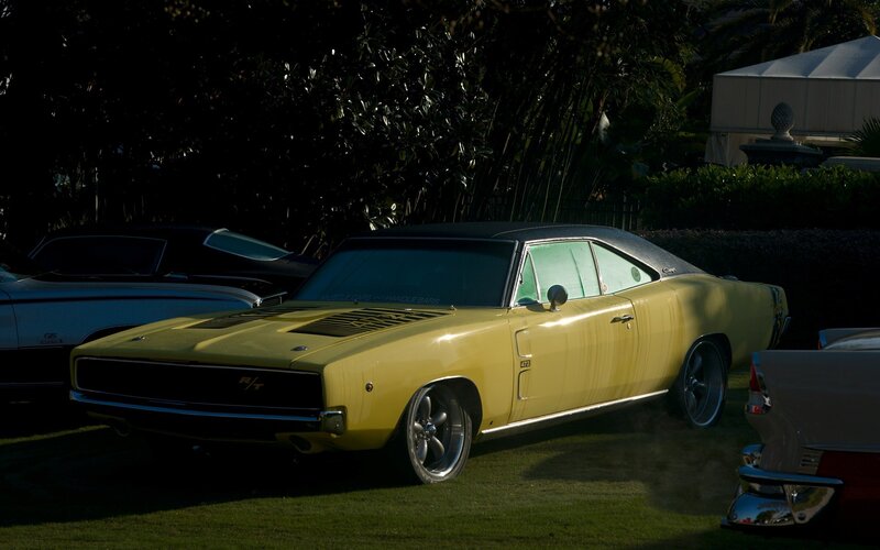 Yellow Muscle Car — Dramatic, Afternoon, Photograph, Grass, Trees