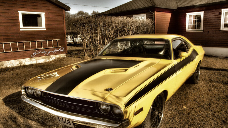 Yellow Muscle Car — Dramatic, Afternoon, Photograph, House