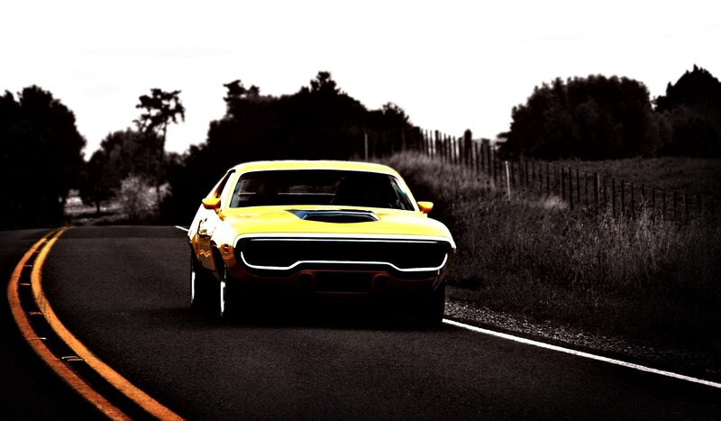 Yellow Muscle Car — Dramatic, Afternoon, Photograph, Road, Trees