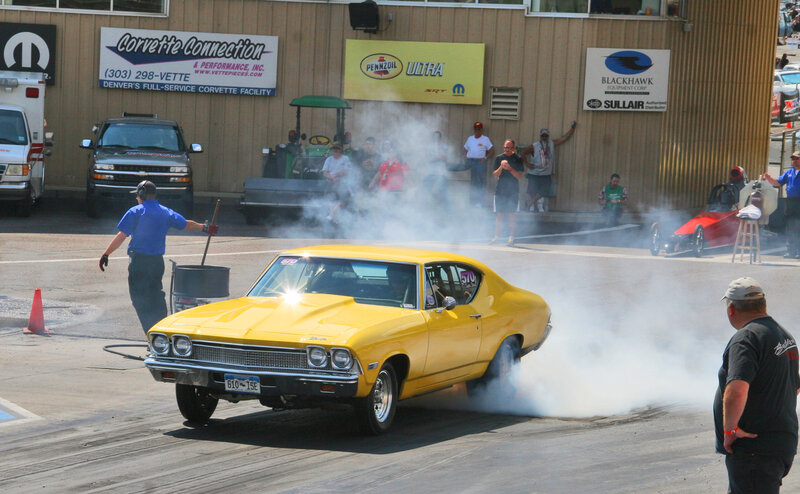 Yellow Muscle Car — Dramatic, Afternoon, Photograph, Smoke, People