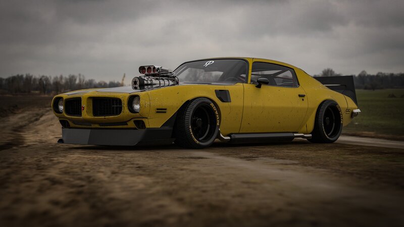 Yellow Muscle Car — Dramatic, Digital Art, Dirt Road