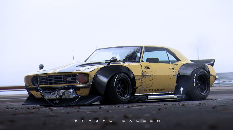 Yellow Muscle Car — Dramatic, Digital Art, Race Track