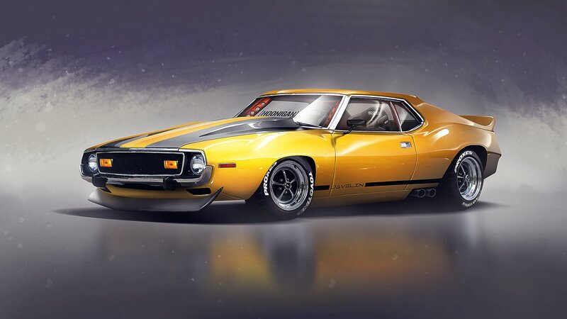 Yellow Muscle Car — Dramatic, Digital Art, Tires